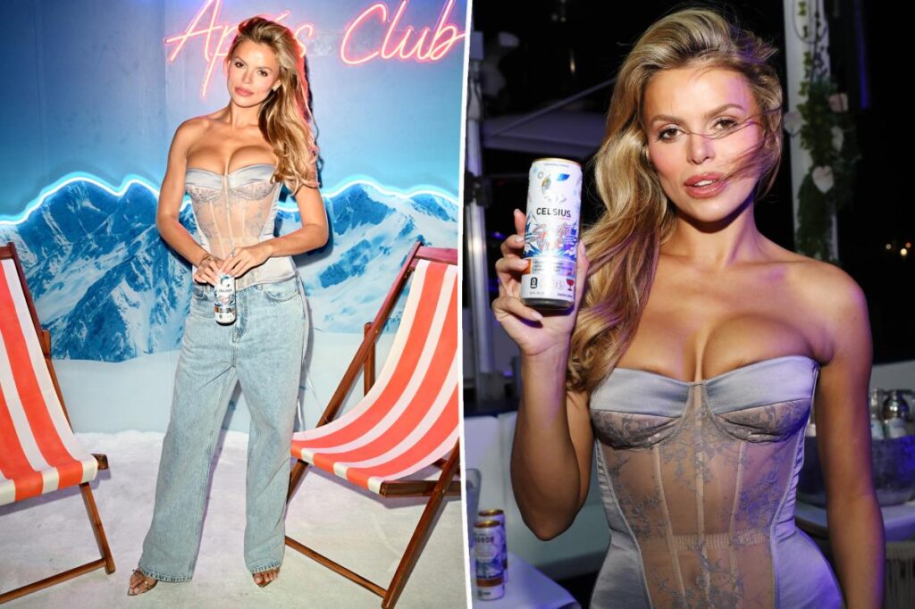 Brooks Nader styles jeans and a sheer corset at Celsius Party in Miami