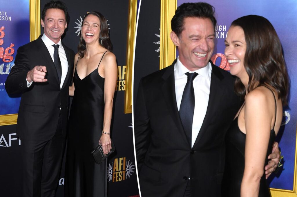 Hugh Jackman and Sutton Foster can’t stop smiling as they make their red carpet debut at the ‘Son San Bleu’ premiere