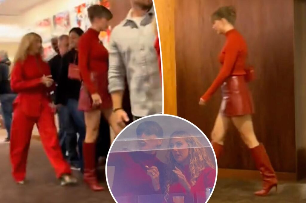 Taylor Swift and Brittany Mahomes wear red turtlenecks during Chiefs vs. Commanders game