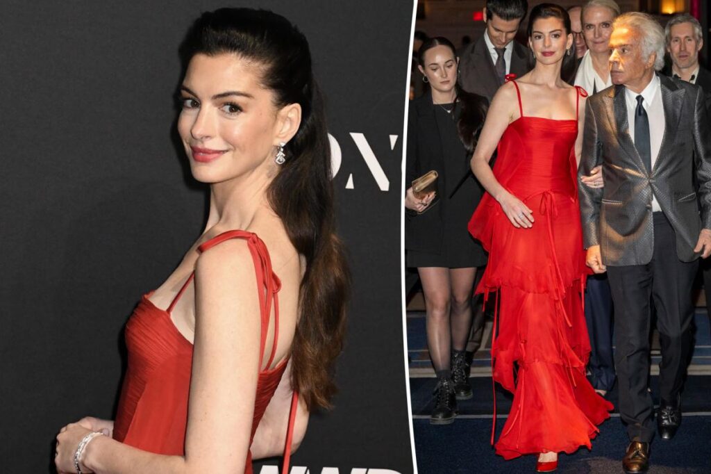 Anne Hathaway wears vintage red Valentino Couture dress to the 2025 WWD Honors in New York