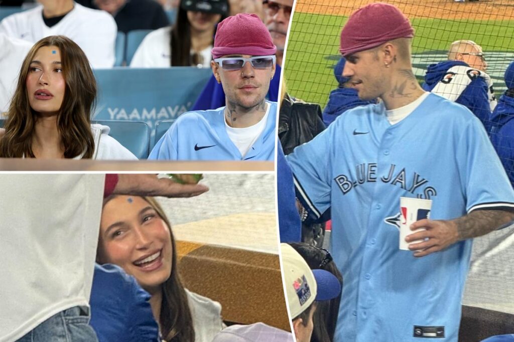 Hailey and Justin Bieber watch Dodgers beat Blue Jays on World Series date night