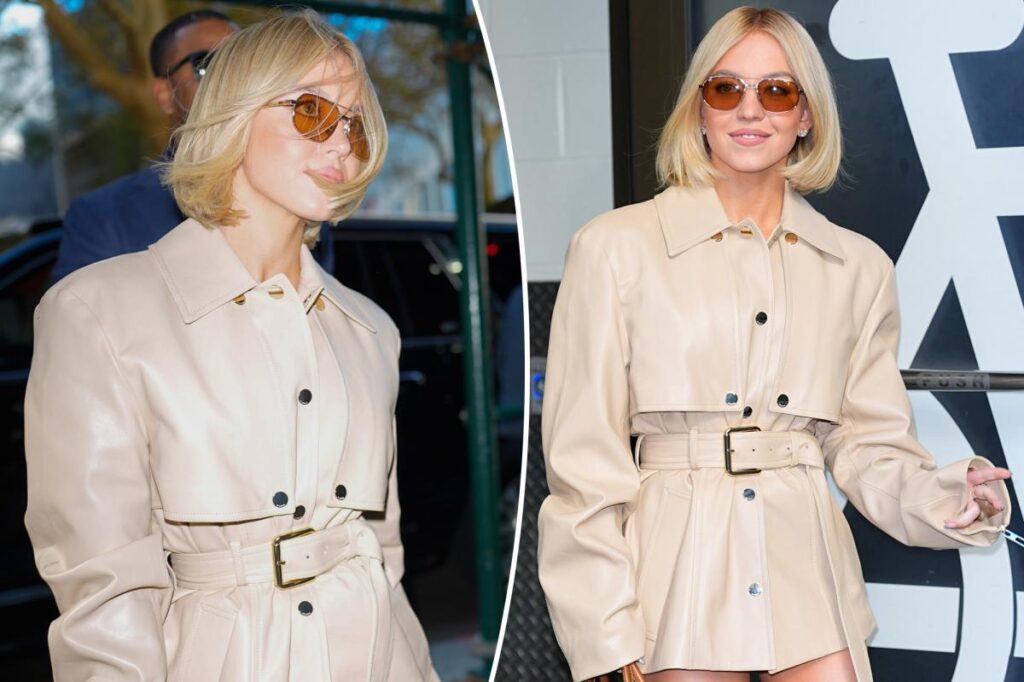 Sidney Sweeney wears a belted Sportmax jacket without pants in New York City after appearing on ‘Good Morning America’