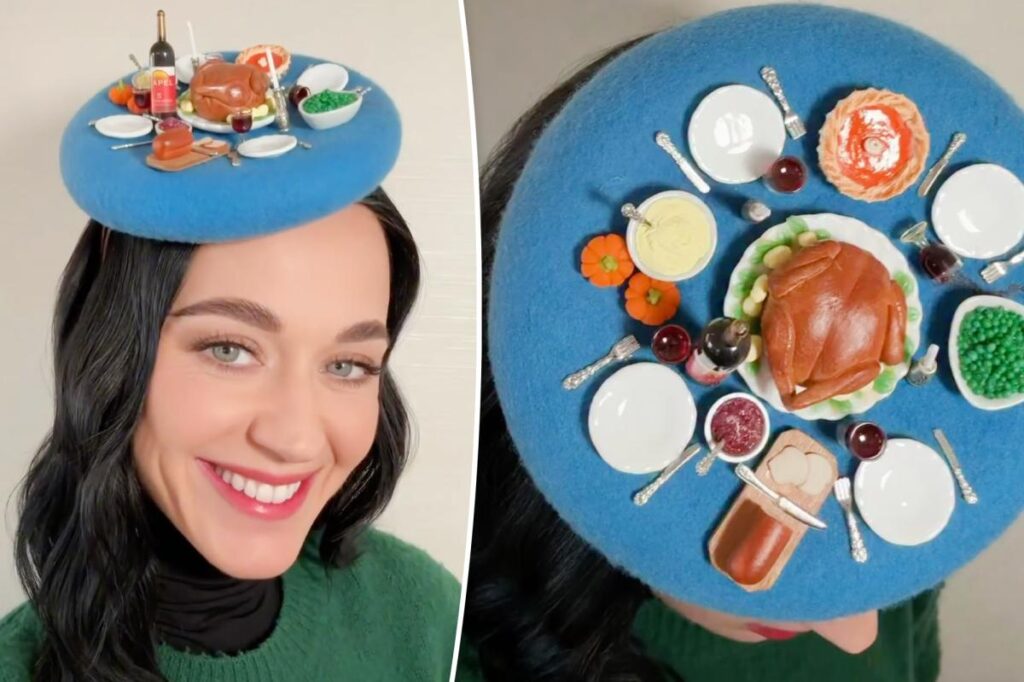 Katy Perry wears beret and plenty of Thanksgiving food