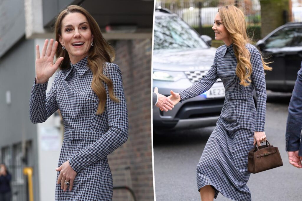 Duchess Kate paired her houndstooth dress with a Demelier bag on sale on Black Friday