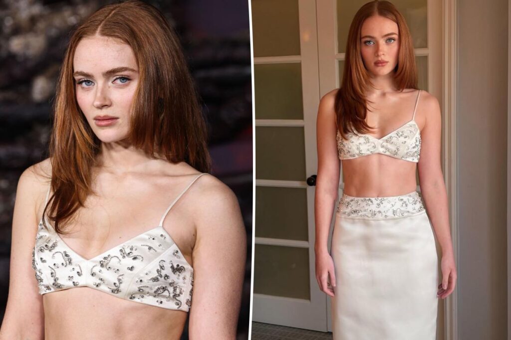 Sadie Sink wears a sparkly white Prada bra and skirt at the Season 5 premiere of Stranger Things in LA