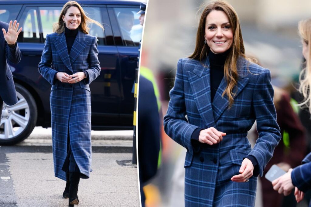 Duchess Kate wears a blue tartan coat of her own design while in Scotland