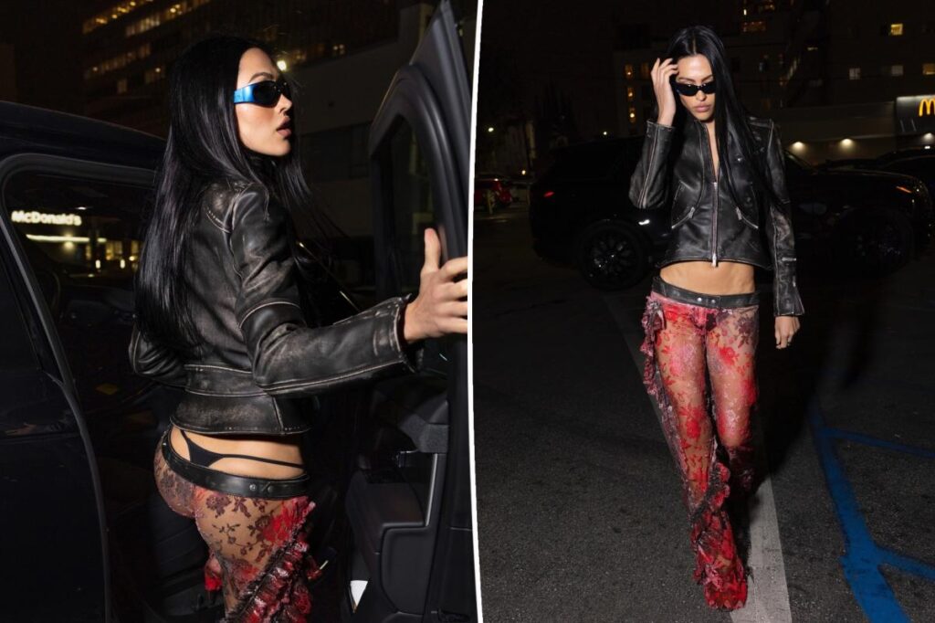 Amelia Hamlin flashes her butt crack in low-rise, see-through McQueen pants