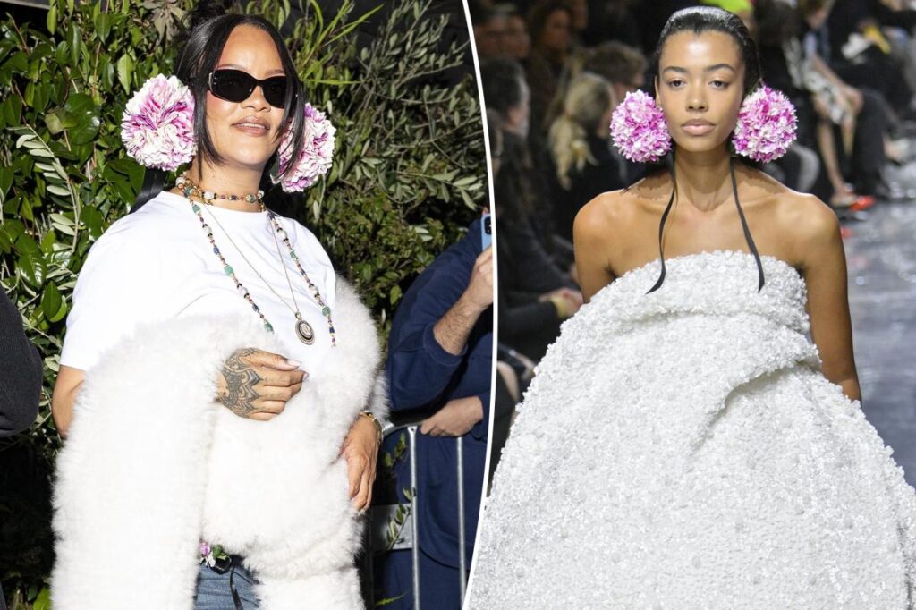 Rihanna takes her Dior flower headpiece from the runway to the afterparty