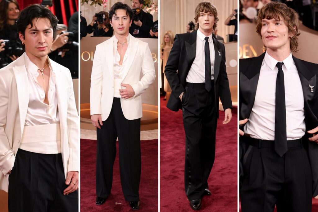 ‘Heated Rivals’ stars Connor Story and Hudson Williams wear coordinated suits on the Golden Globe Awards 2026 red carpet