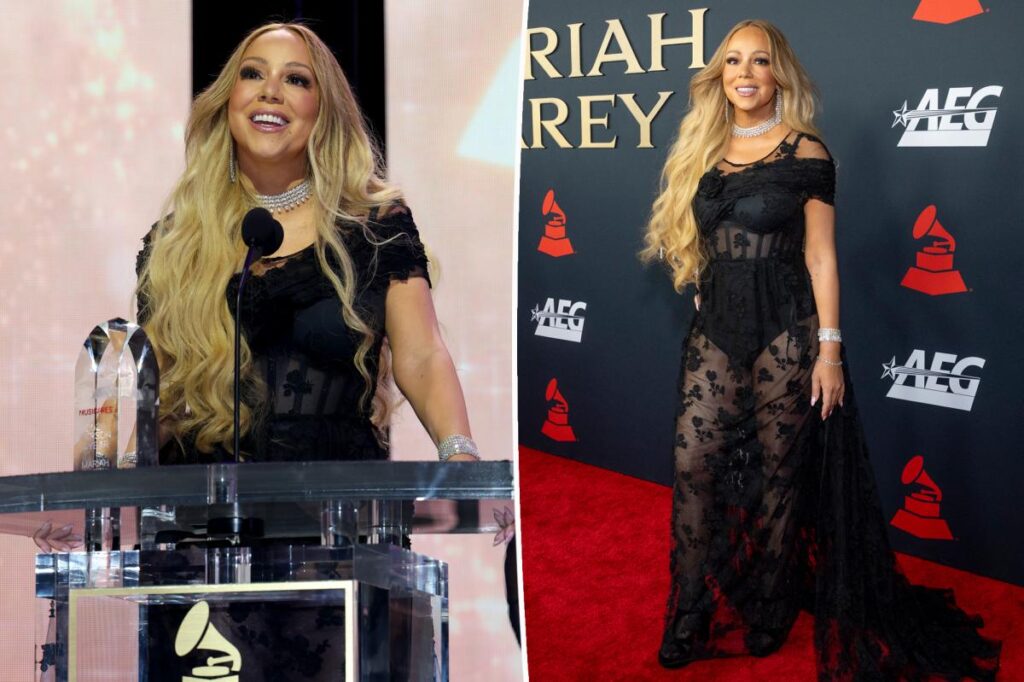 Mariah Carey wears sheer floral dress at pre-Grammy Awards gala