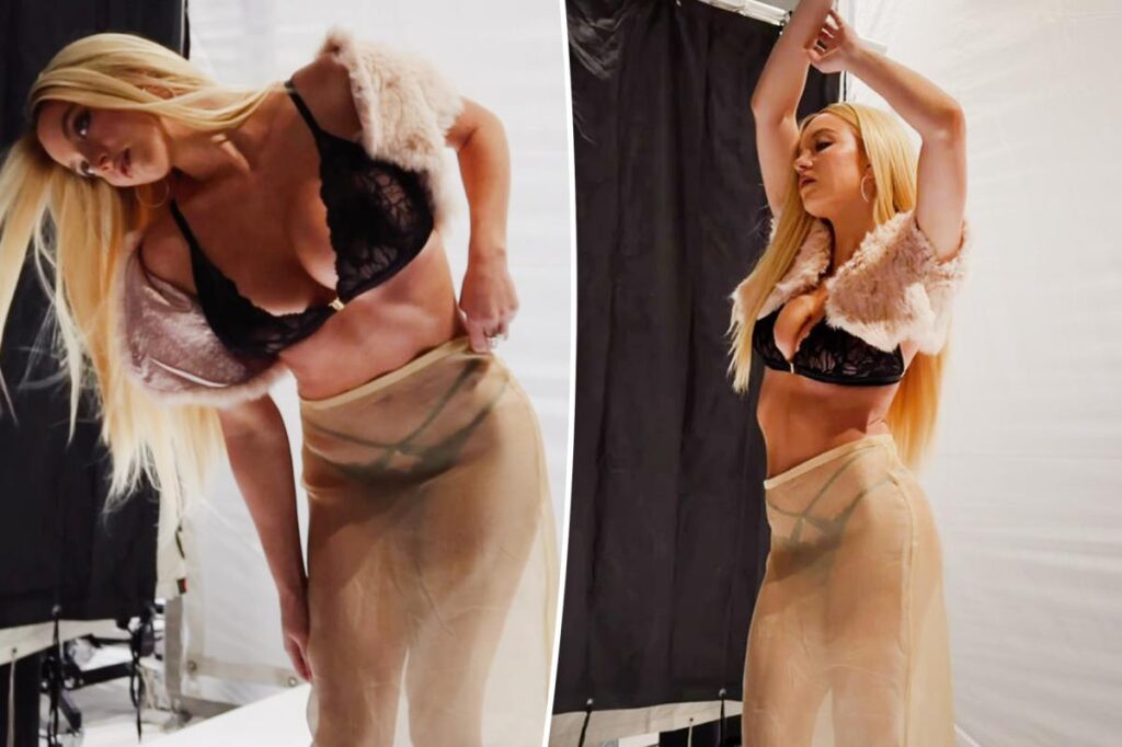 Sidney Sweeney models black lace lingerie and see-through skirt for Cosmopolitan magazine