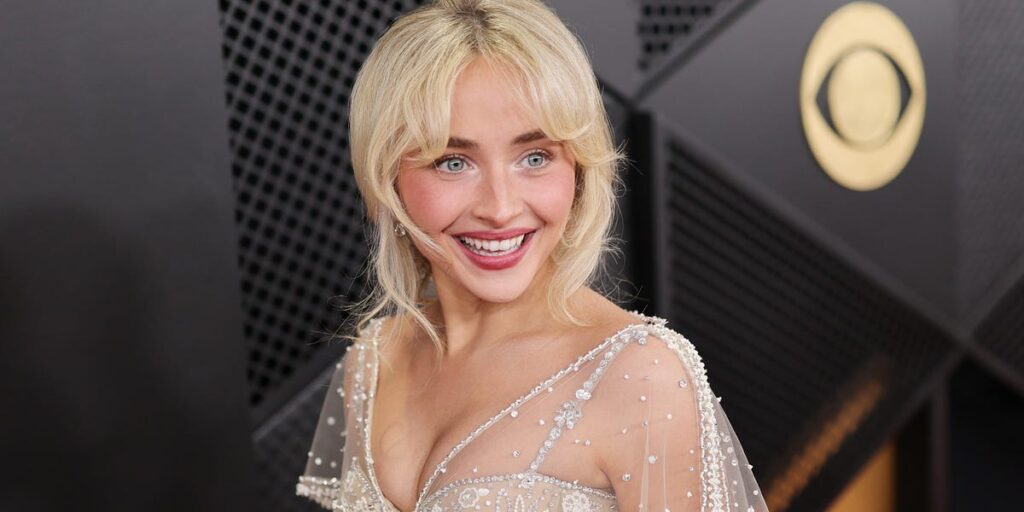 Sabrina Carpenter wears intricate sheer white dress on the 2026 Grammy Awards red carpet
