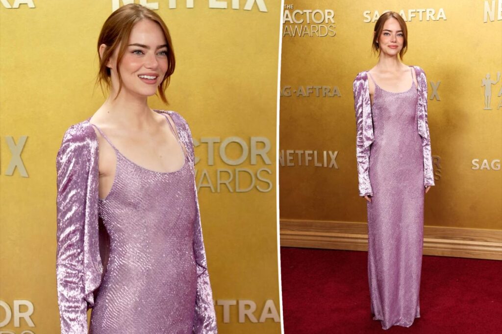 Emma Stone wears a Louis Vuitton beaded cardigan on the SAG Actor Awards 2026 red carpet