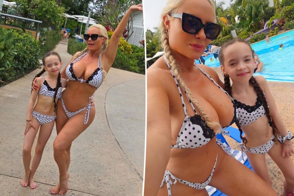 Coco Austin twins and daughter Chanel in Bahamian polka dot bikinis