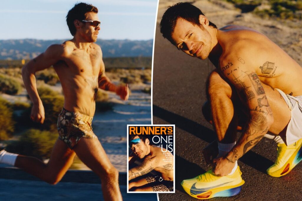 Harry Styles shows off his tattoos while wearing leopard print shorts on the cover of Runner’s World