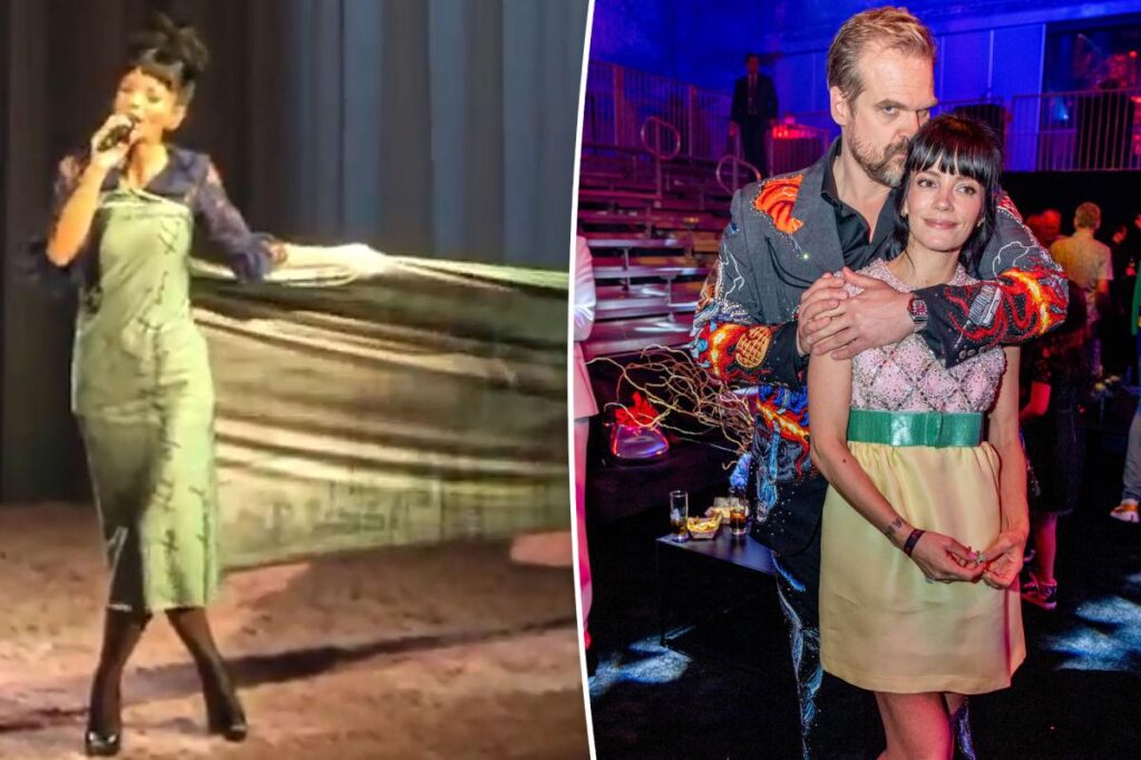 Lily Allen wears receipt dress emblazoned with David Harbor diss track lyrics on West End Girl tour