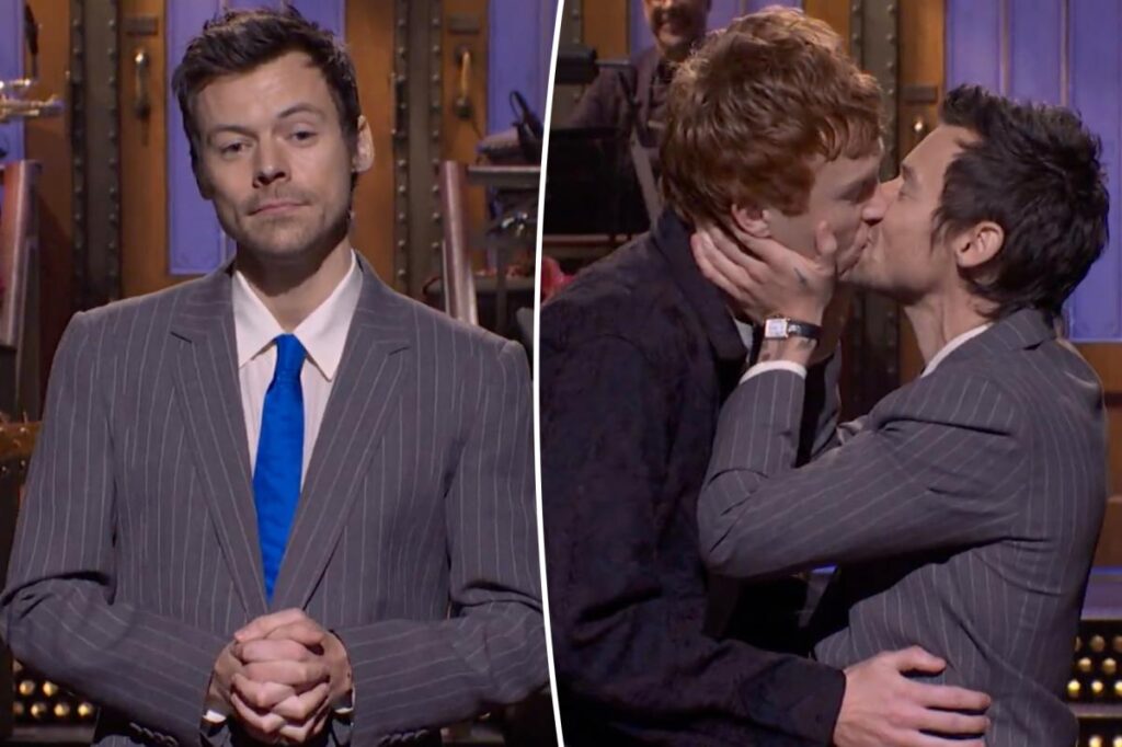 Harry Styles hits back at ‘queerbaiting’ claims by kissing male comedian during ‘SNL’ monologue