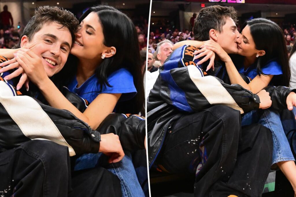 Kylie Jenner and Timothée Chalamet celebrate Knicks win with a kiss on NBA date night