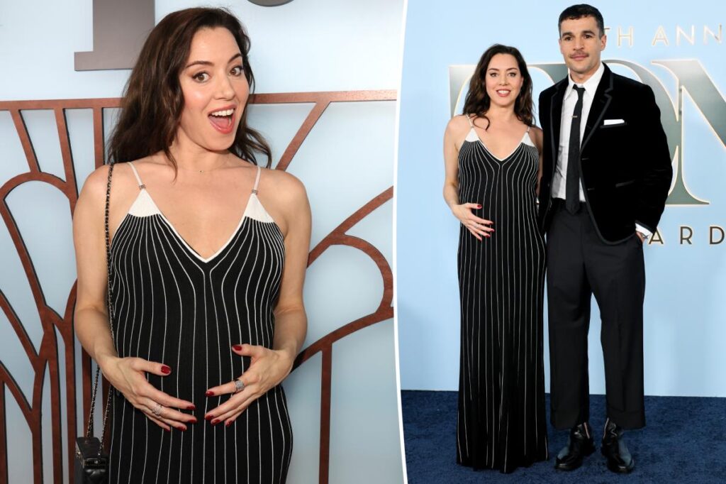 Aubrey Plaza cradles her unborn baby while supporting her partner Chris Abbott at the Tony Awards 2026