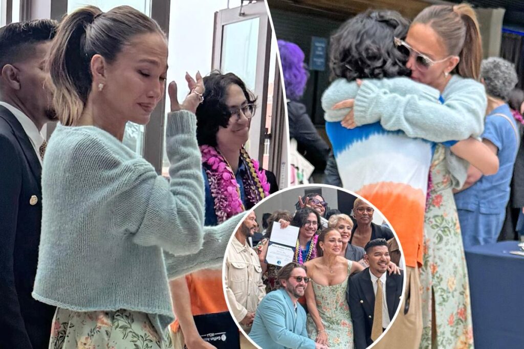 Jennifer Lopez wipes away tears at son Max’s graduation ceremony
