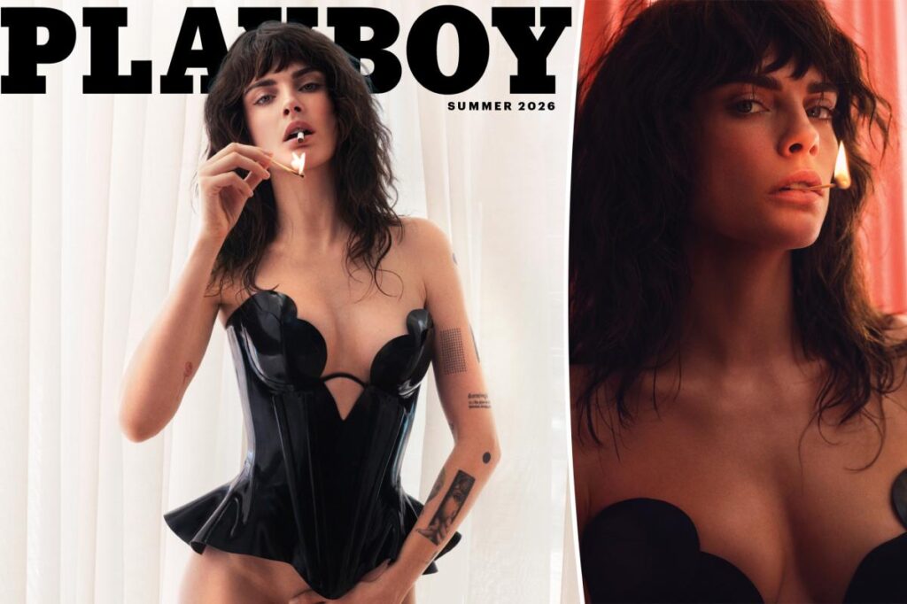 Cara Delevingne wears nothing but a latex corset on the cover of Playboy magazine