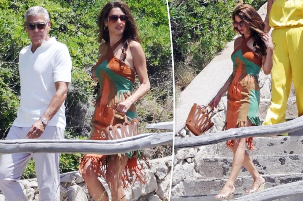 Amal Clooney wears vintage suede Mugler set on Capri boat day with George Clooney