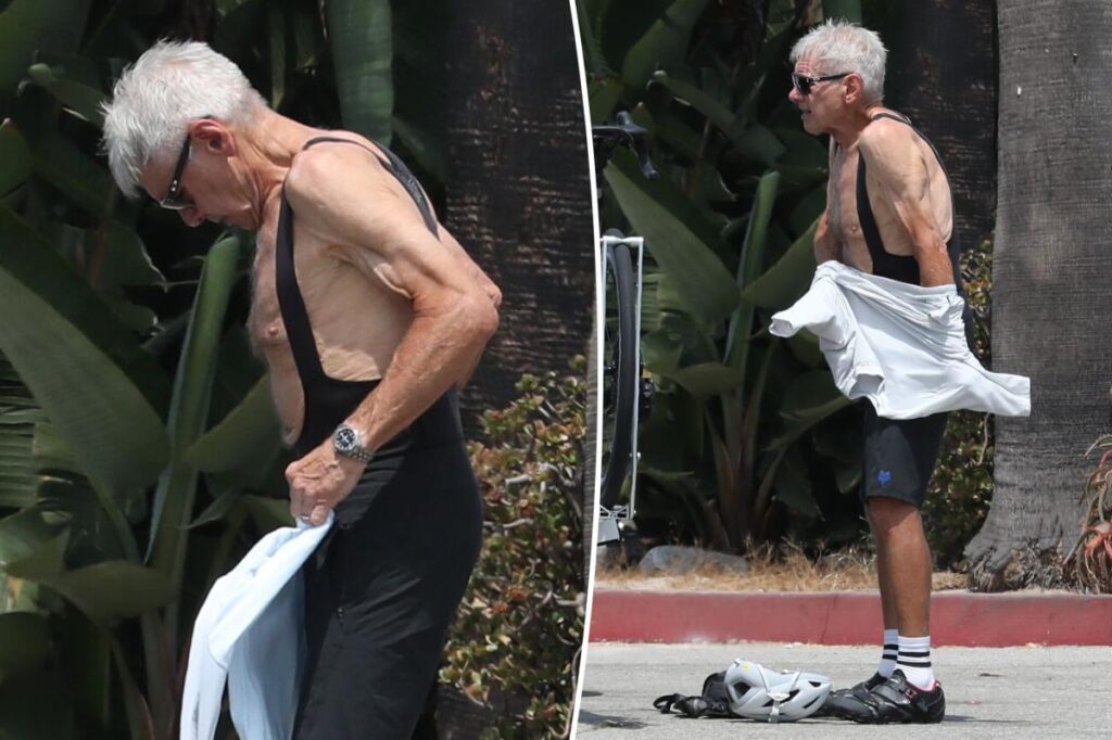 Harrison Ford (83) shows off his ripped physique while riding his bike in Los Angeles